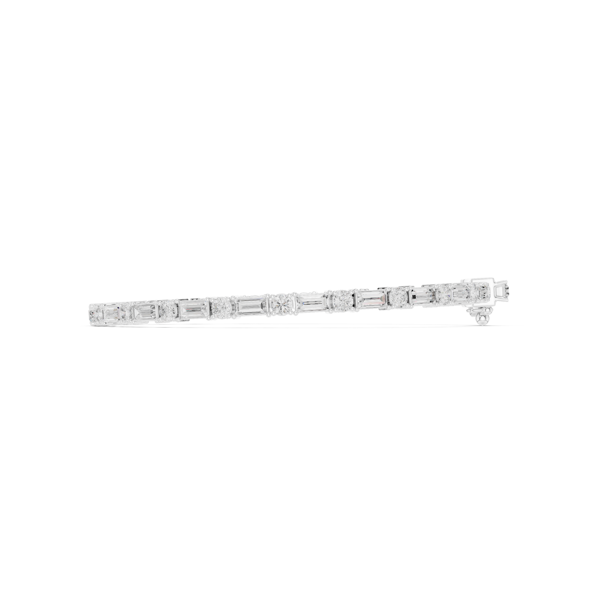 White gold diamond bracelet, side view, with baguette-cut stones