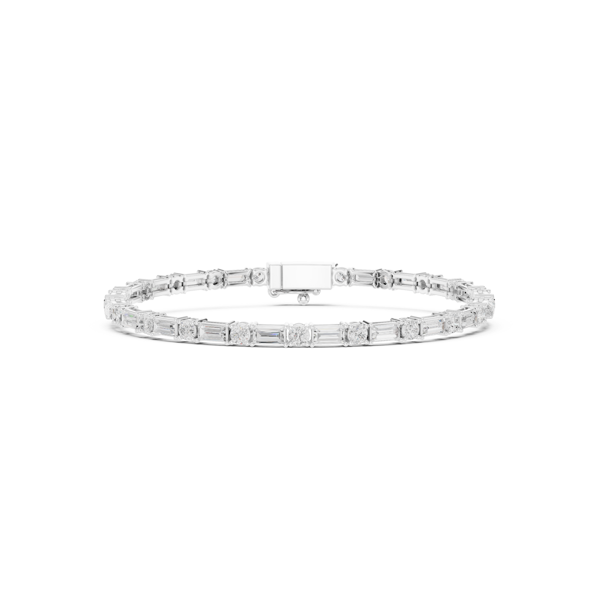 White gold diamond bracelet with baguette-cut stones and boxy metal links
