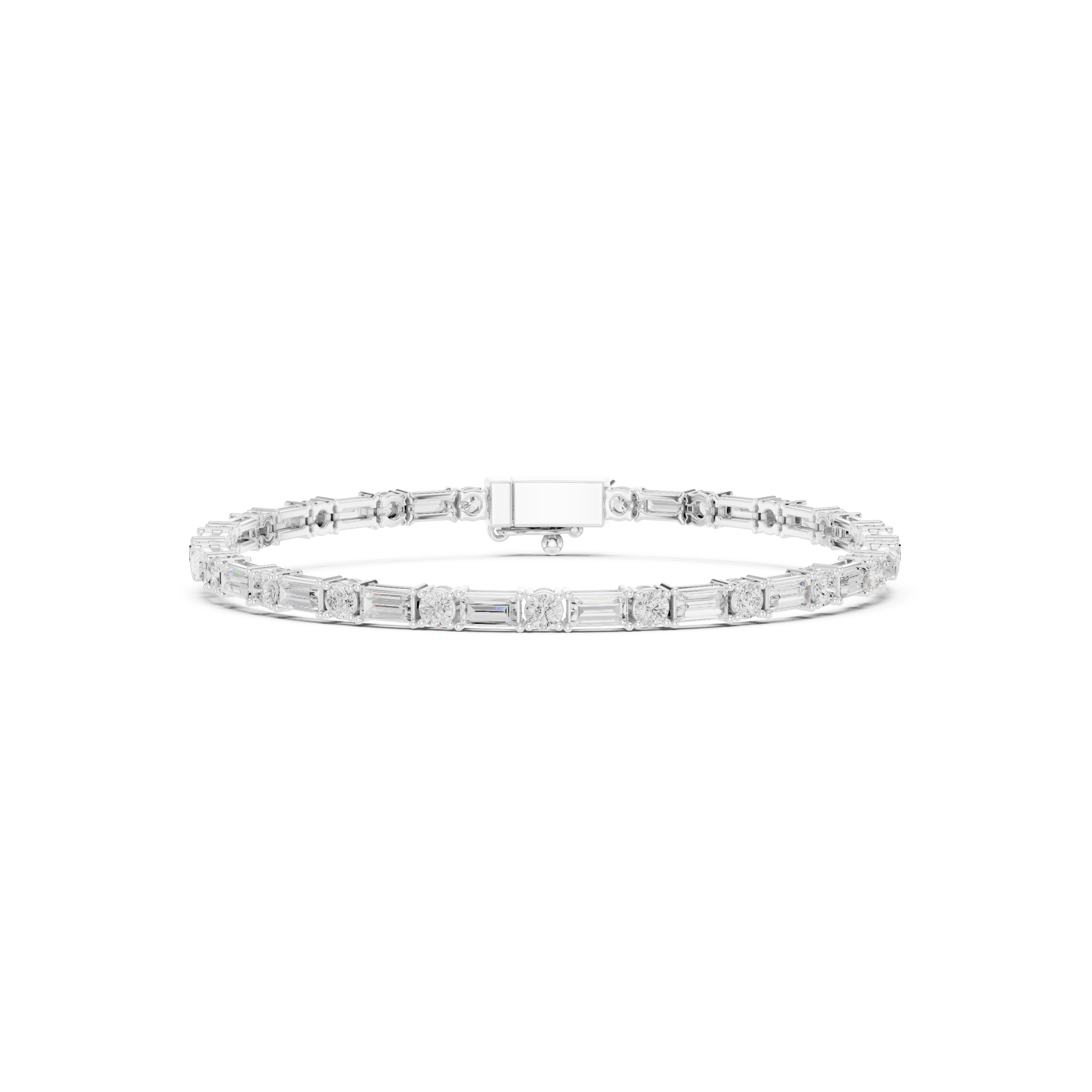 White gold diamond bracelet top view with bezel-set mixed-cut stones and center link