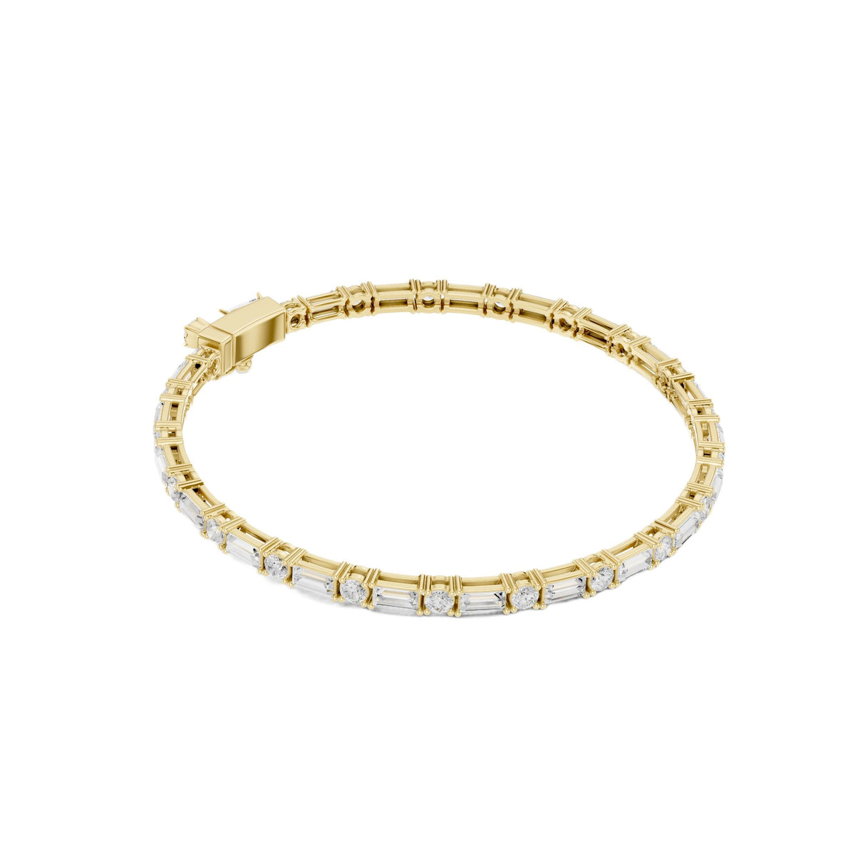 Yellow gold diamond bracelet with baguette-cut stones in a slim tennis-style setting