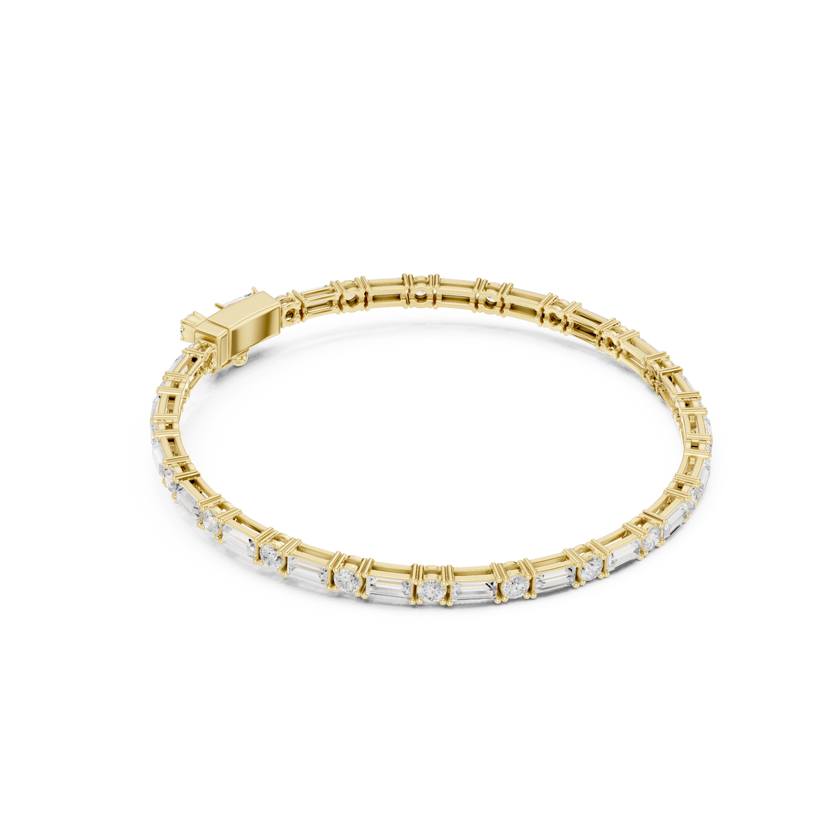 Yellow gold diamond bracelet with baguette-cut stones in a slim tennis-style setting