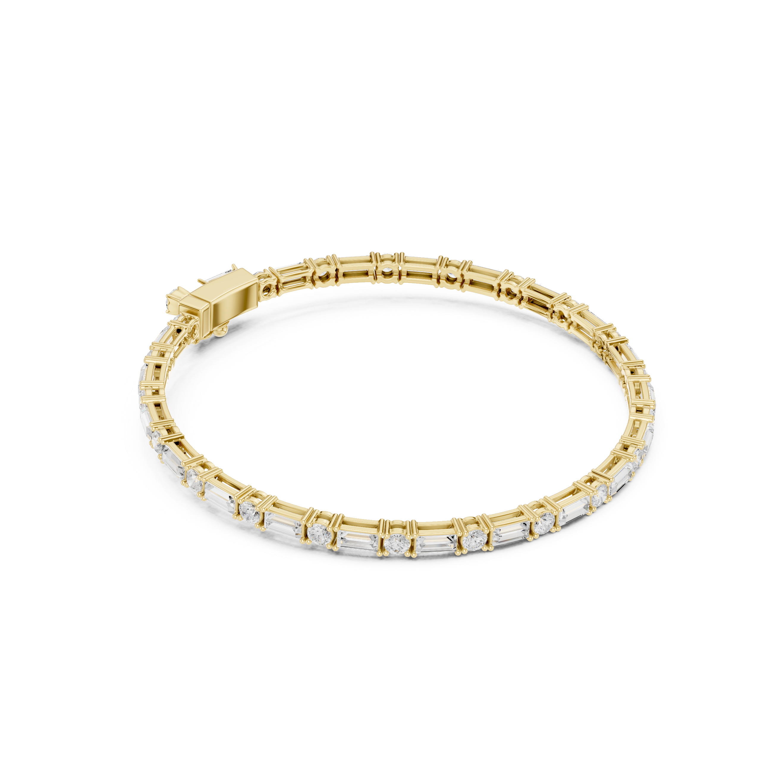 Yellow gold diamond bracelet with mixed-cut stones and slim link bezel setting.