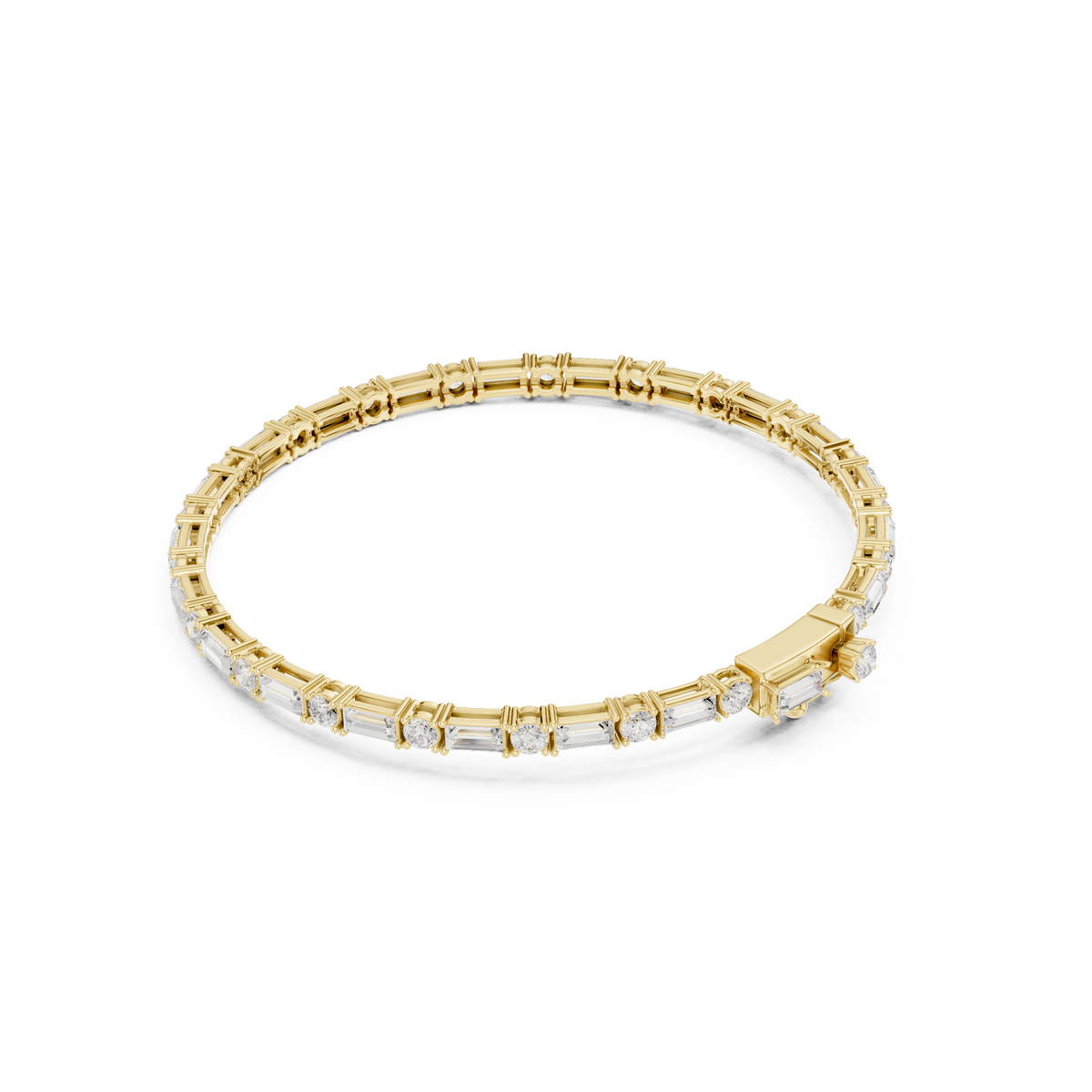 Yellow gold diamond bracelet with baguette-cut stones in a continuous row