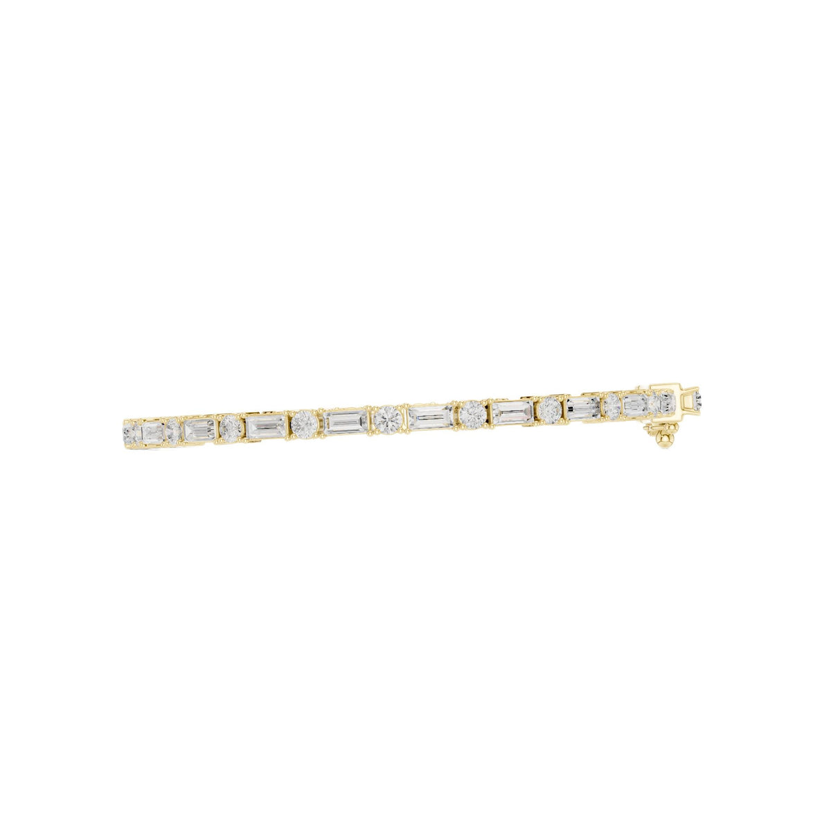 Yellow gold diamond bracelet side view with mixed-cut stones along the band.
