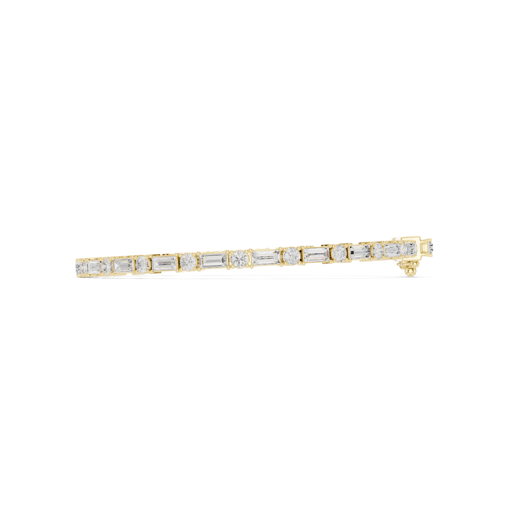 Yellow gold diamond bracelet side view with mixed-cut stones along the band.