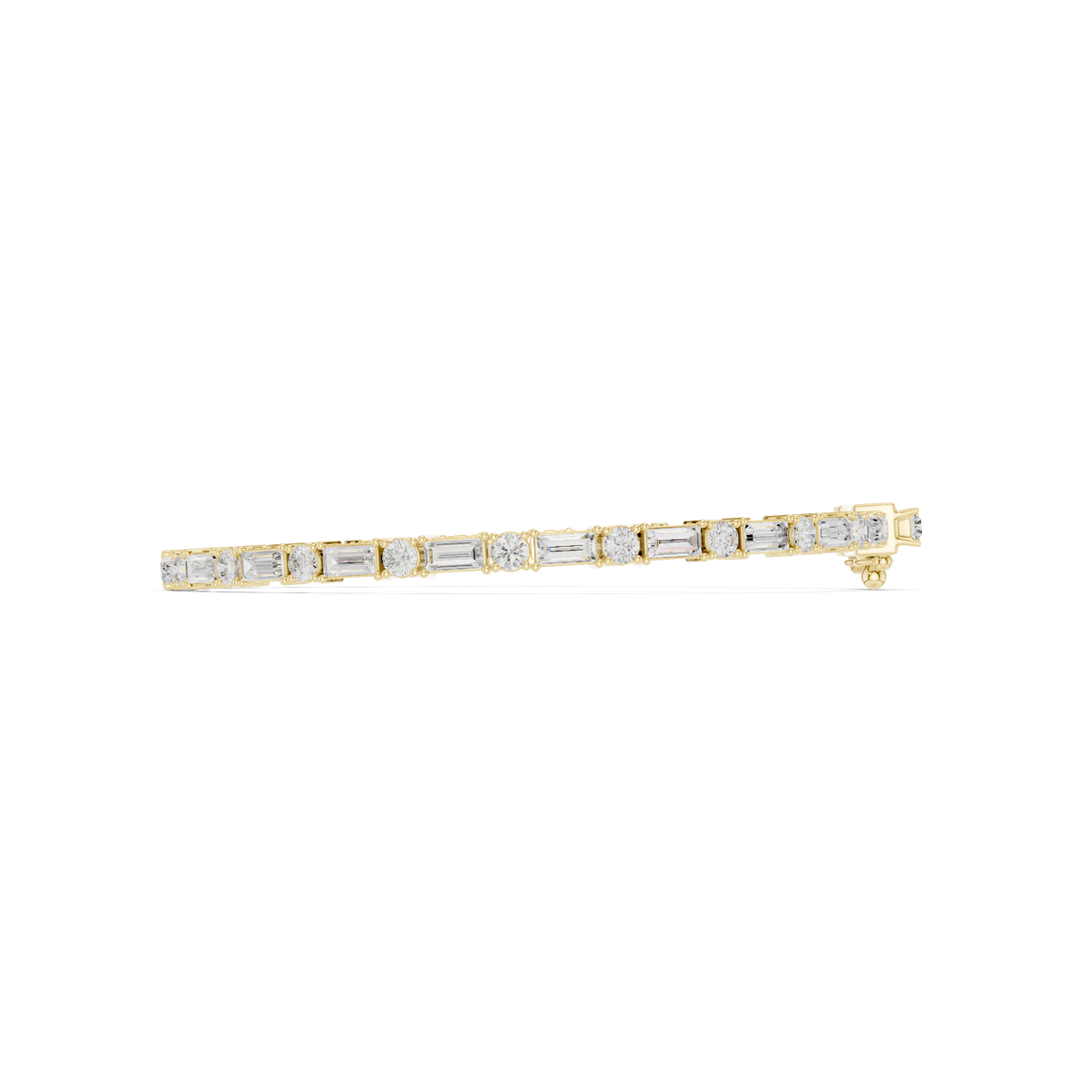 Yellow gold diamond bracelet side view with mixed-cut stones along the band.