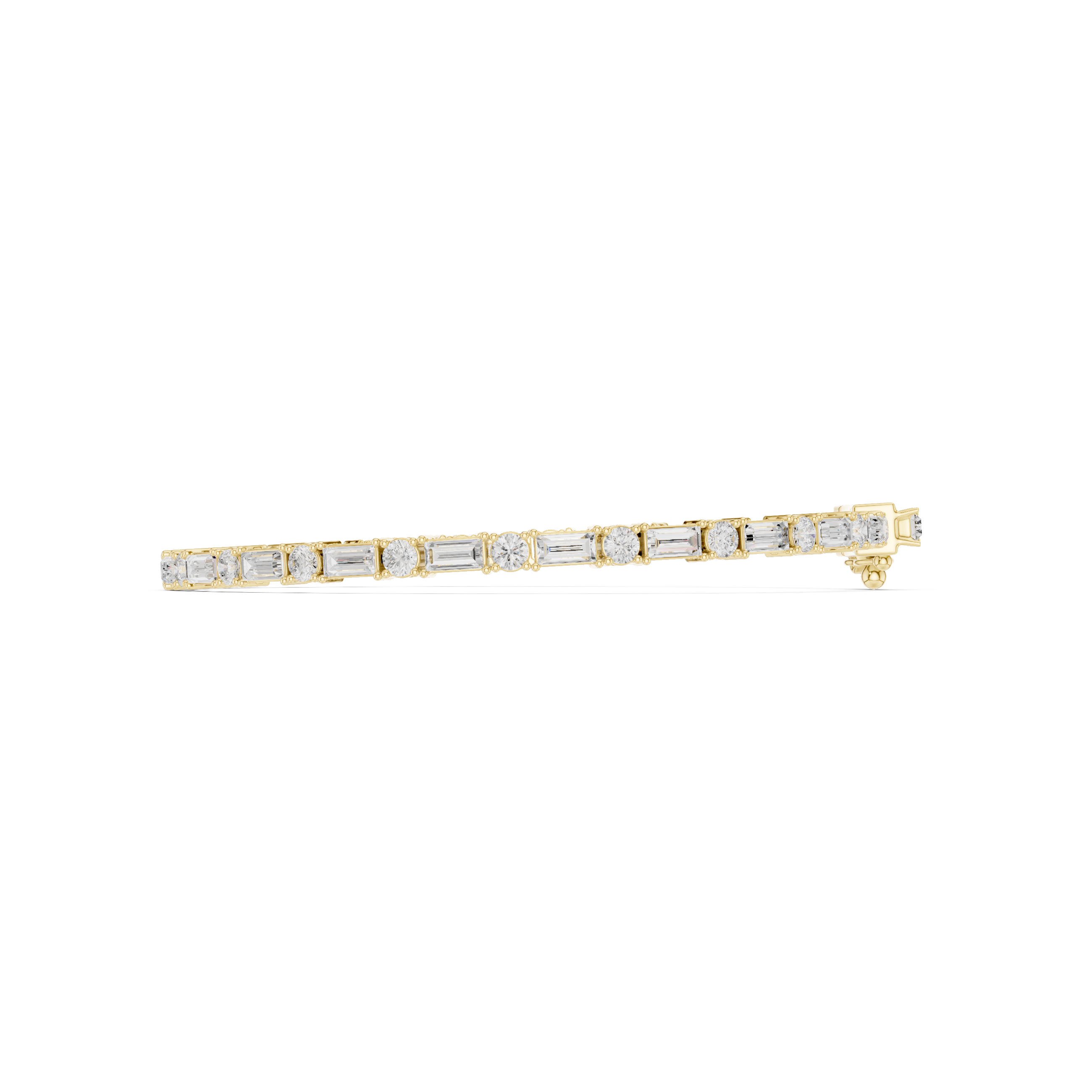 Yellow gold diamond bracelet side view with mixed-cut stones along the band.