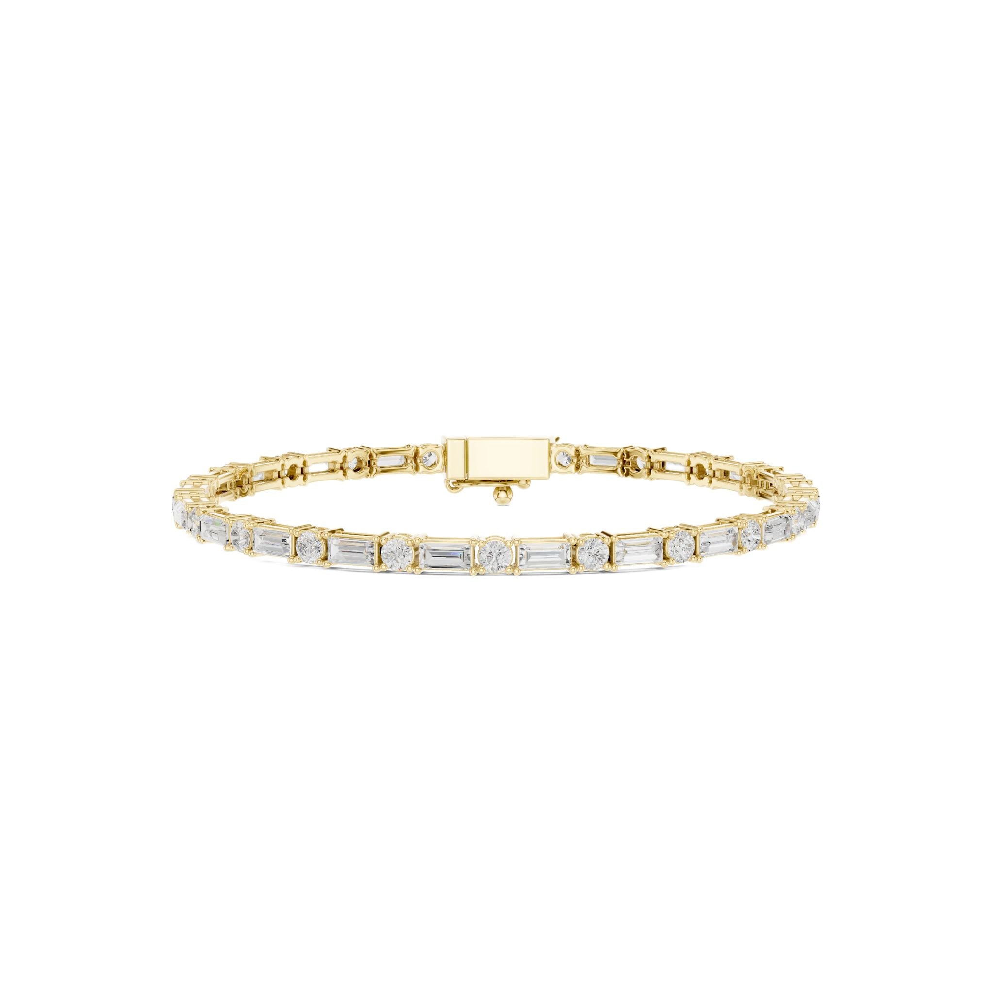 Gold diamond bracelet with mixed-cut stones and rectangular clasp center bar.