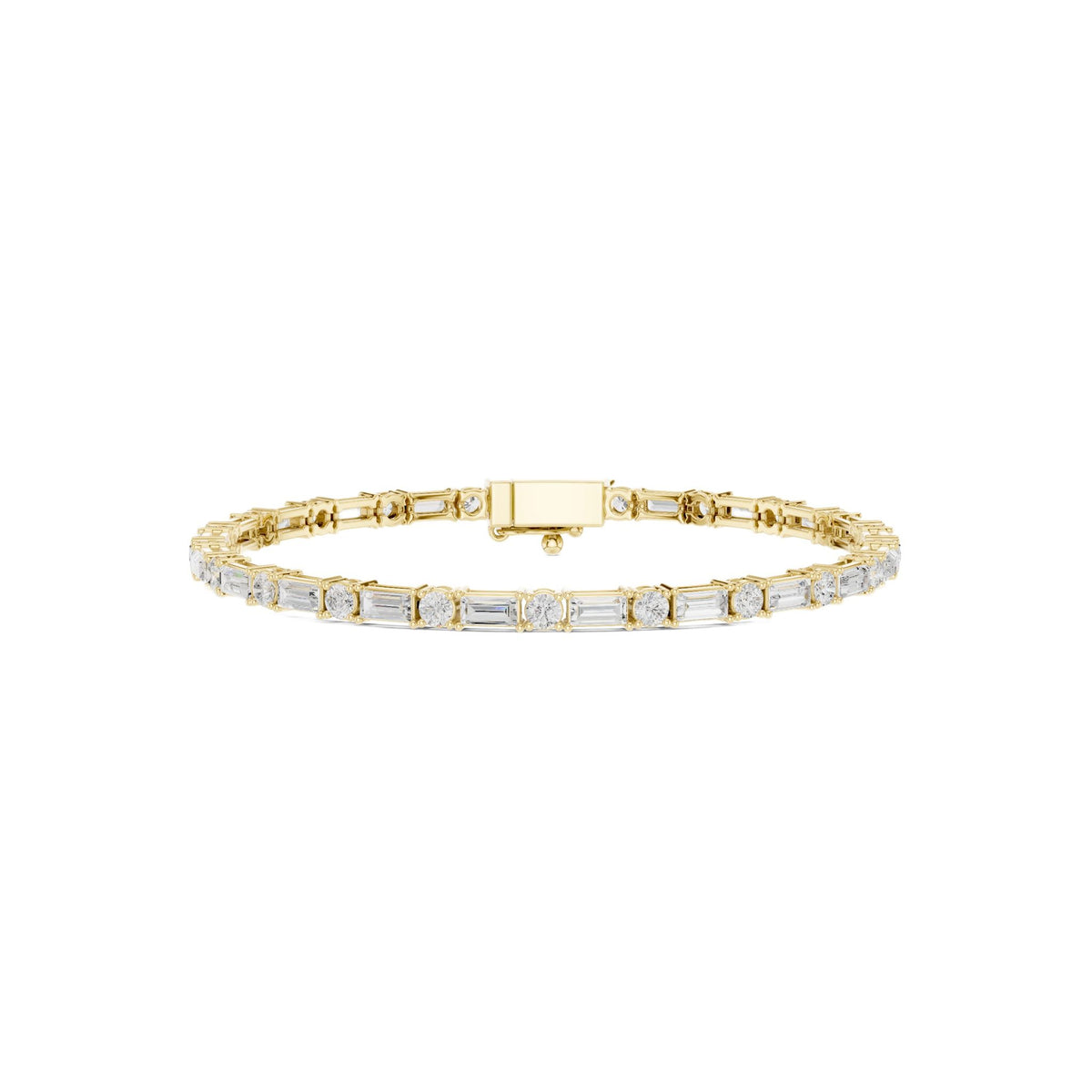 Gold diamond bracelet with mixed-cut stones and rectangular clasp center bar.