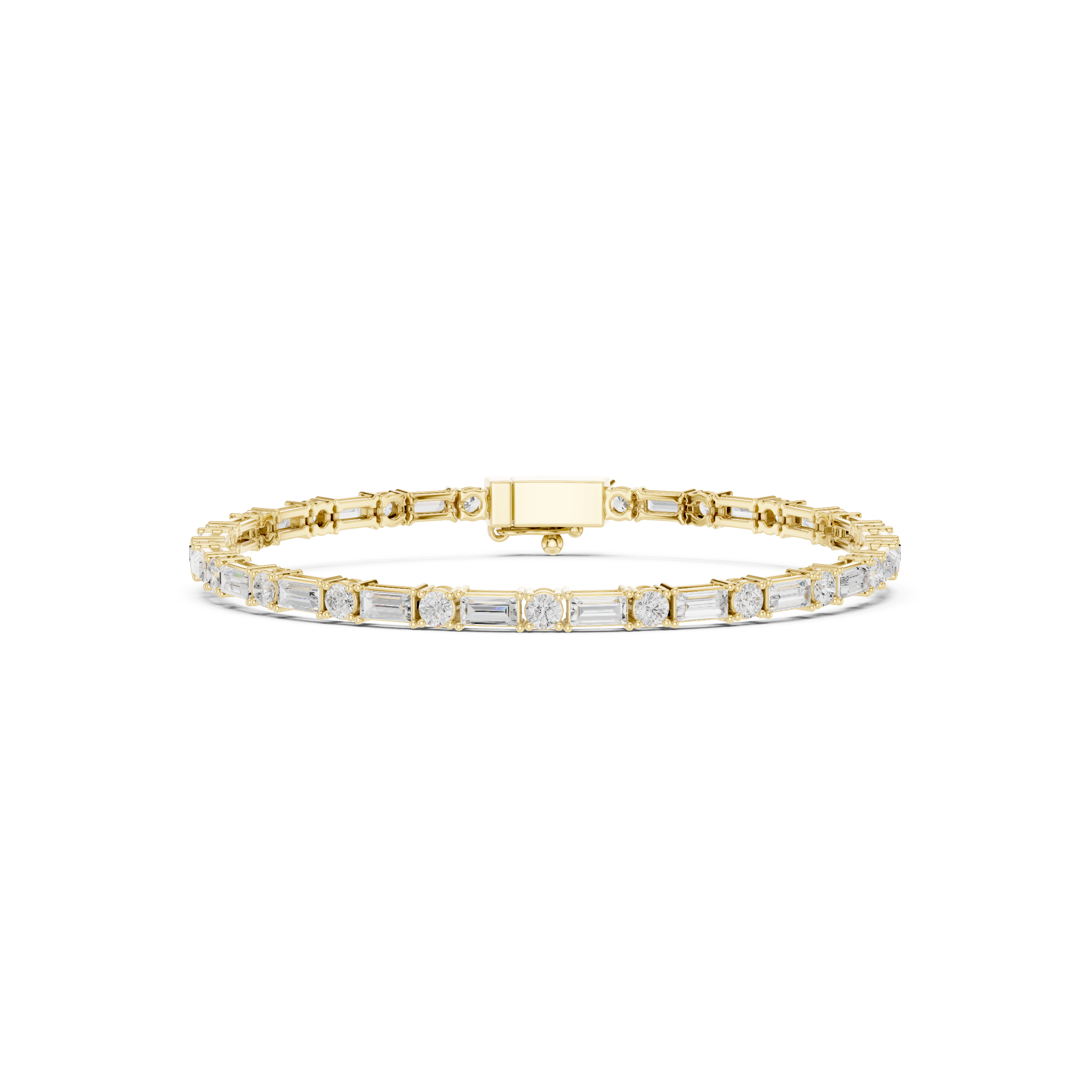 Gold diamond bracelet with mixed-cut stones and rectangular clasp center bar.