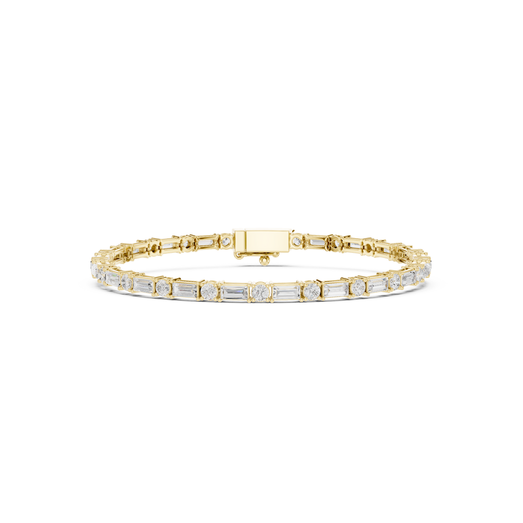 Gold diamond bracelet with mixed-cut stones and rectangular clasp center bar.