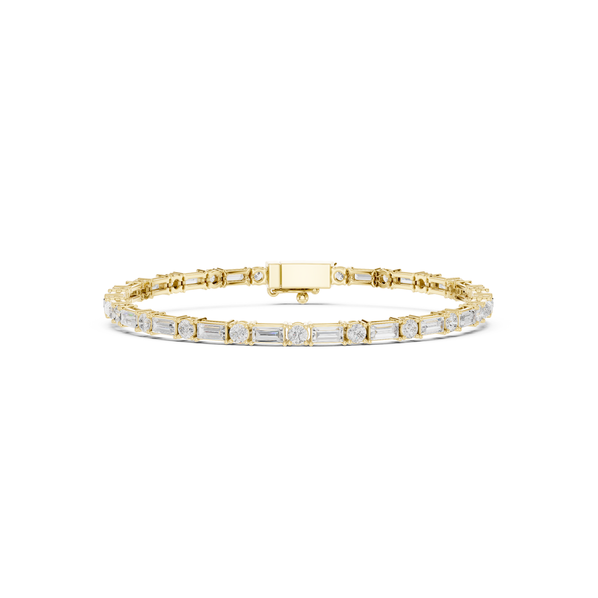 Gold diamond bracelet with mixed-cut stones and rectangular clasp center bar.