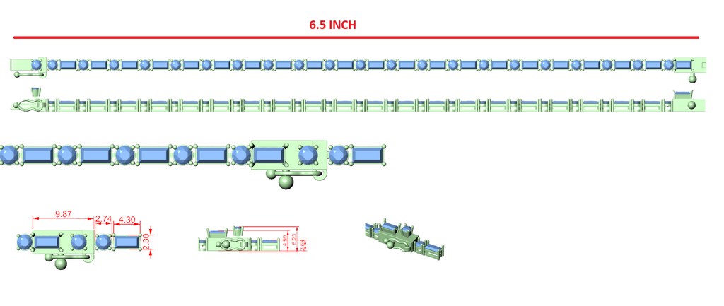 Mixed-cut diamond bracelet sizing diagram with row of stones and clasp view