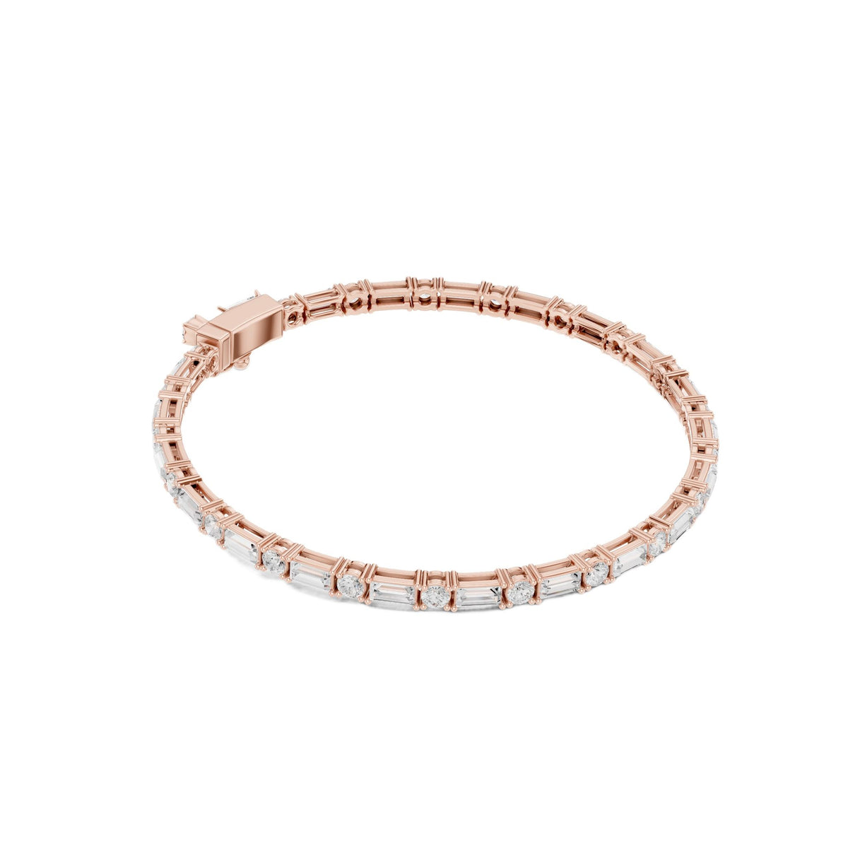 Rose gold diamond bracelet with baguette-cut stones in a slim tennis-style setting