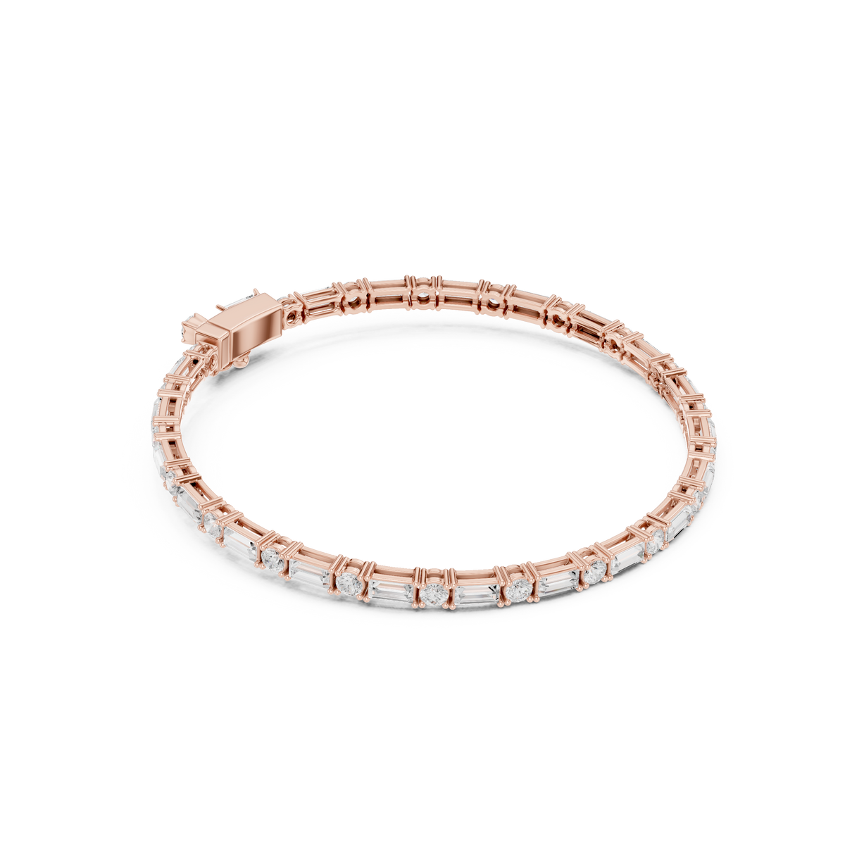 Rose gold diamond bracelet with baguette-cut stones in a slim tennis-style setting