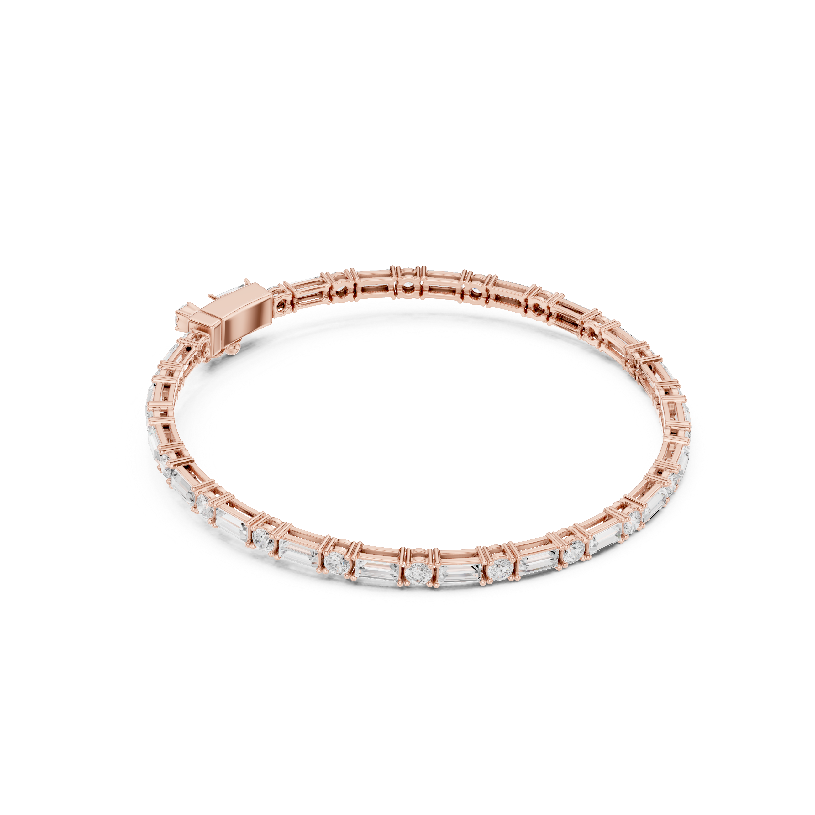 Rose gold diamond bracelet with linked bezel-set mixed-cut stones and hinged clasp