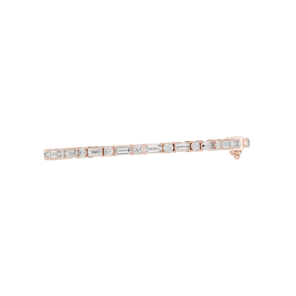 Rose gold diamond bracelet, side view, with baguette-cut stones
