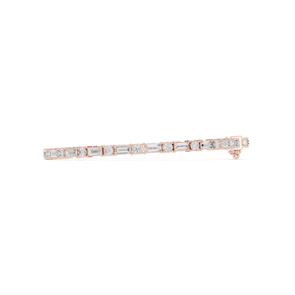 Rose gold diamond bracelet side view with bezel-set stones and rectangular clasp