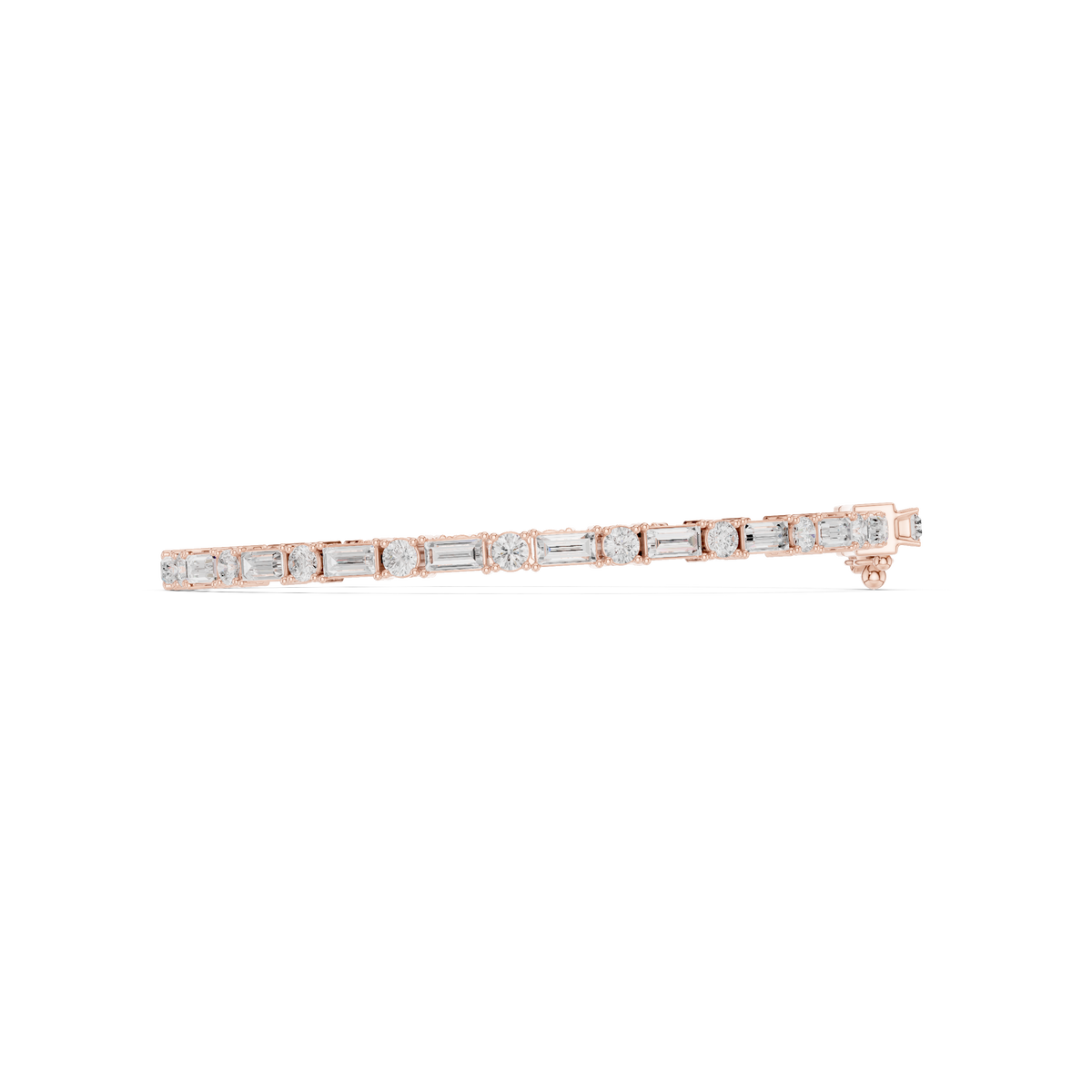 Rose gold diamond bracelet, side view, with baguette-cut stones
