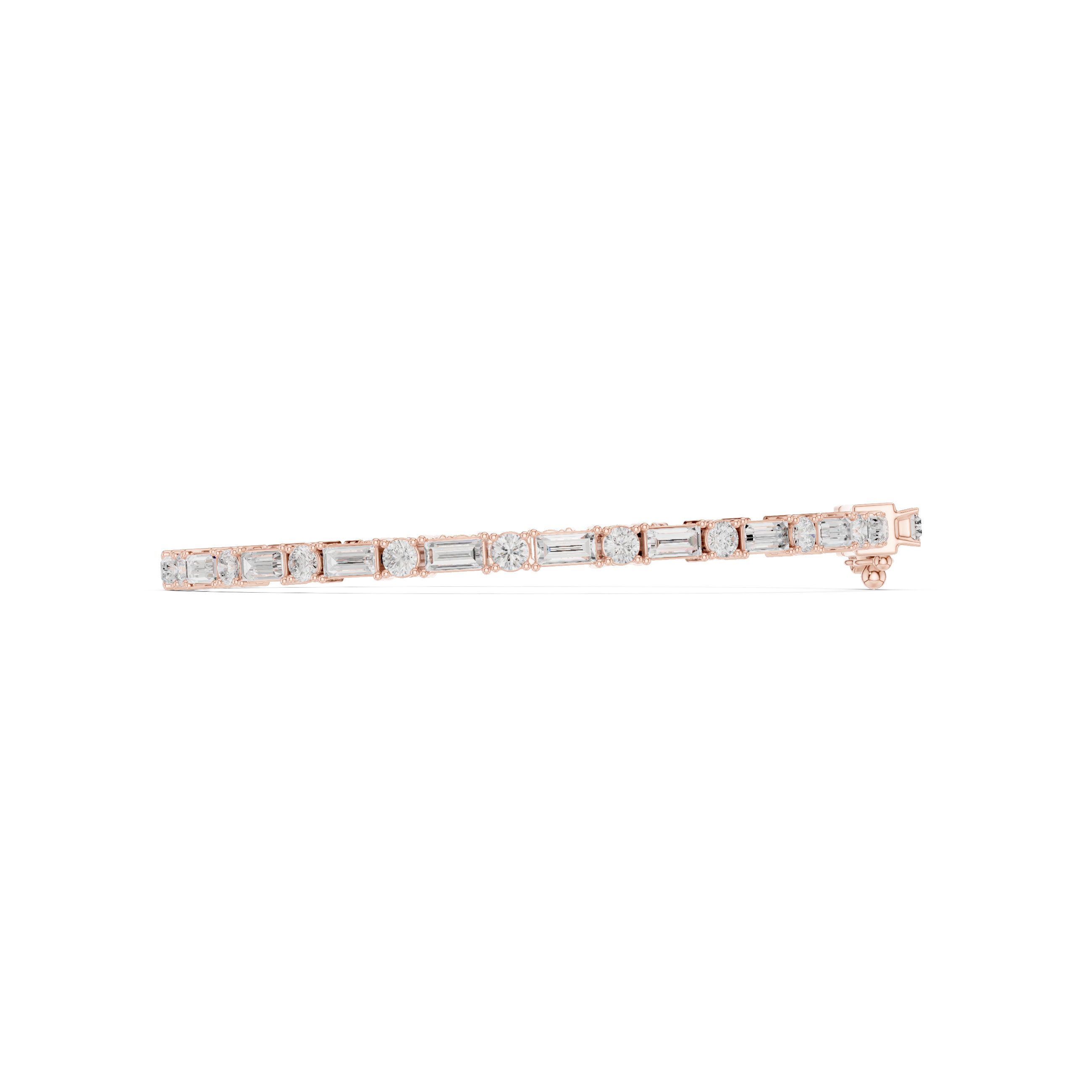 Rose gold diamond bracelet side view with bezel-set stones and rectangular clasp