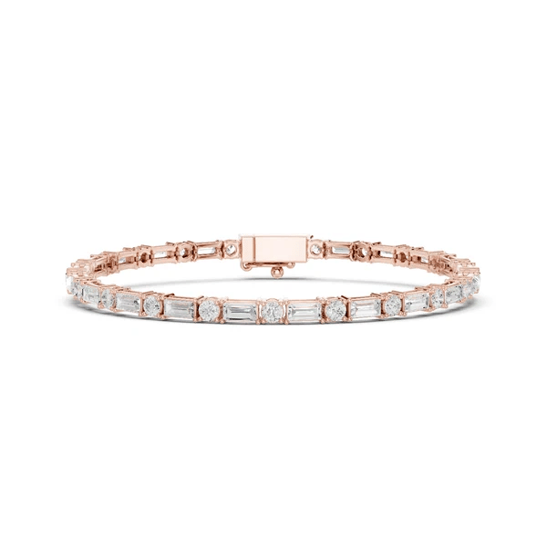 Rose gold diamond bracelet with mixed-cut stones and rectangular clasp center bar.