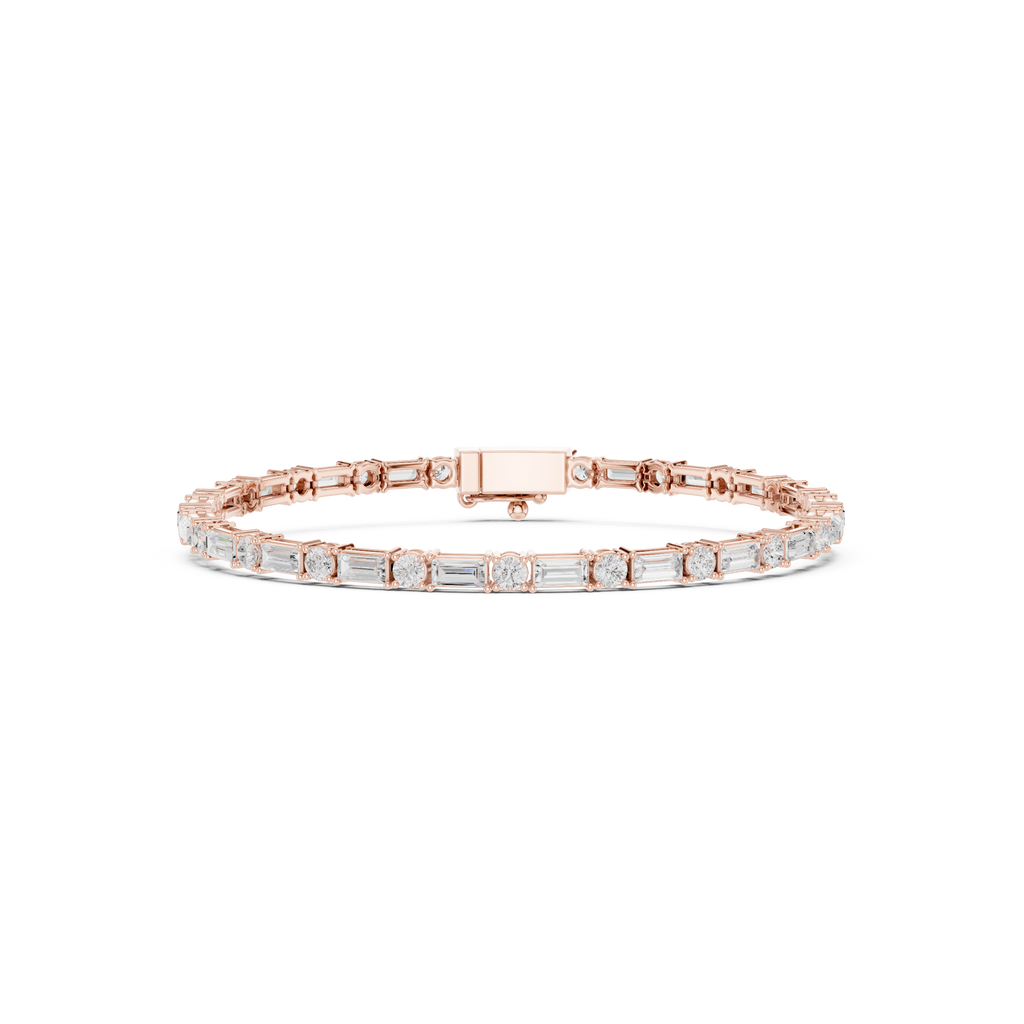 Rose gold diamond bracelet top view with bezel-set mixed-cut stones and center link