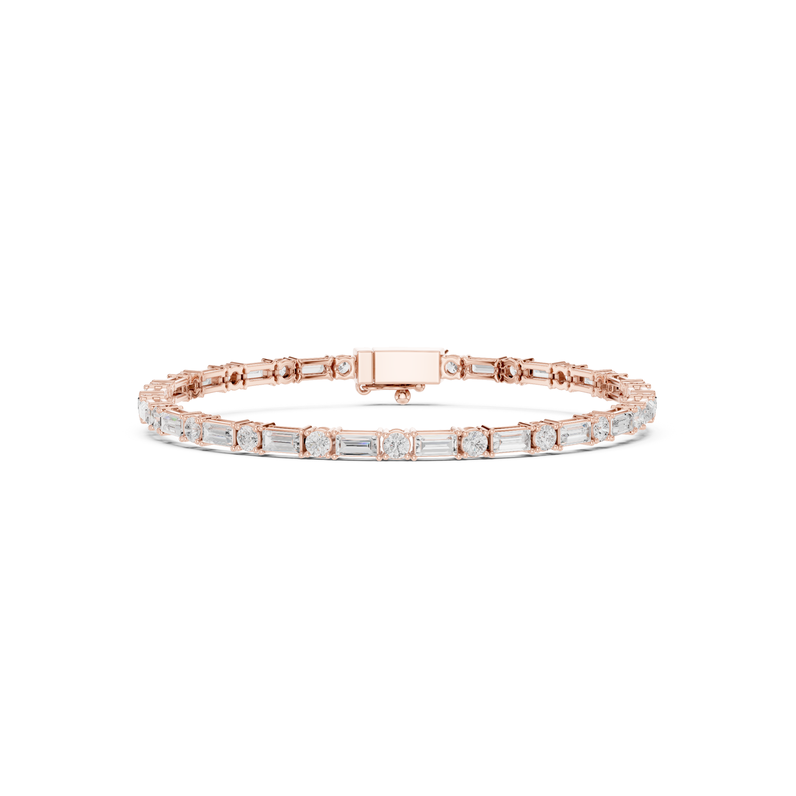Rose gold diamond bracelet top view with bezel-set mixed-cut stones and center link