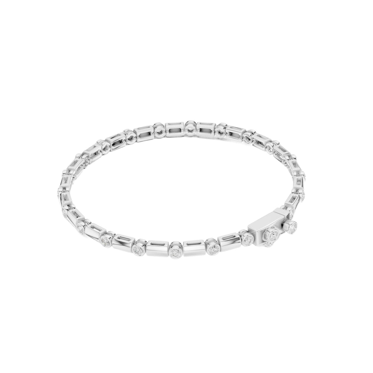 White gold diamond bezel link bracelet with round stones in rectangular settings
