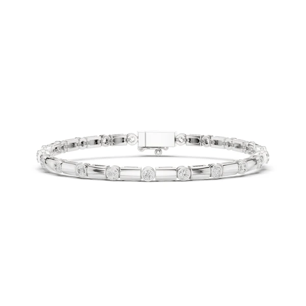 White gold diamond link bracelet with center bar, round bezel-set stones, box clasp
