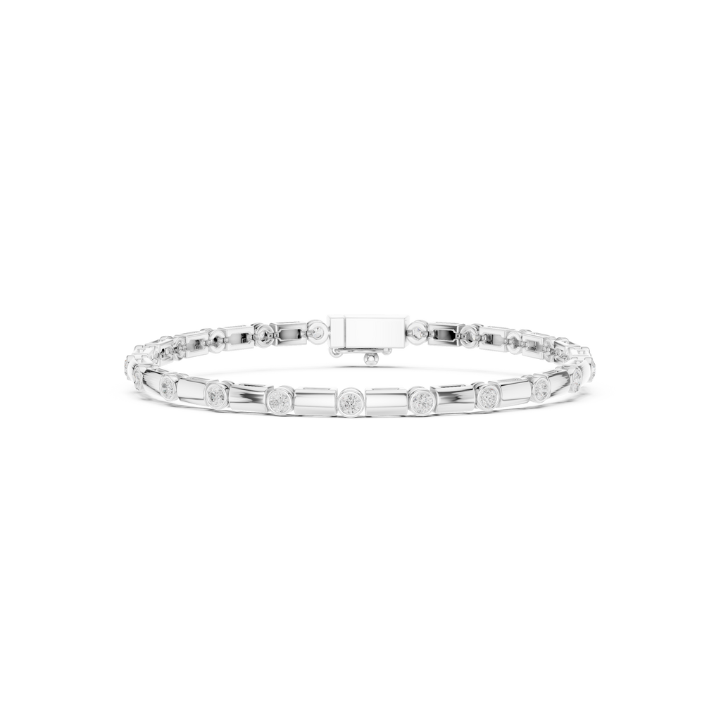 White gold diamond bezel link bracelet top view with round bezel-set stones