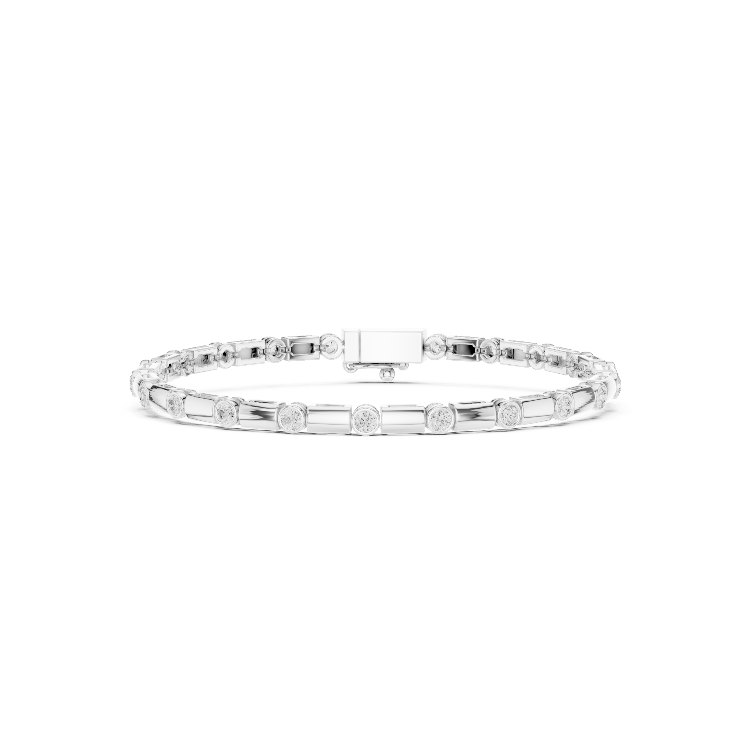 White gold diamond bezel link bracelet top view with round bezel-set stones