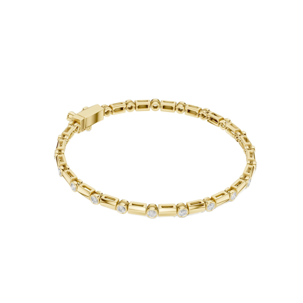 Yellow gold diamond link bracelet with round bezel-set stones and box clasp