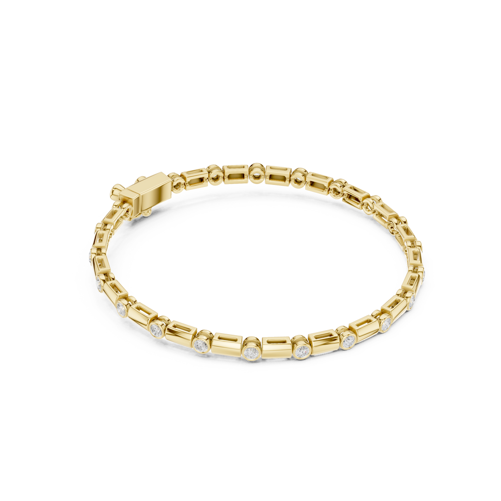 Yellow gold diamond link bracelet with round bezel-set stones and box clasp
