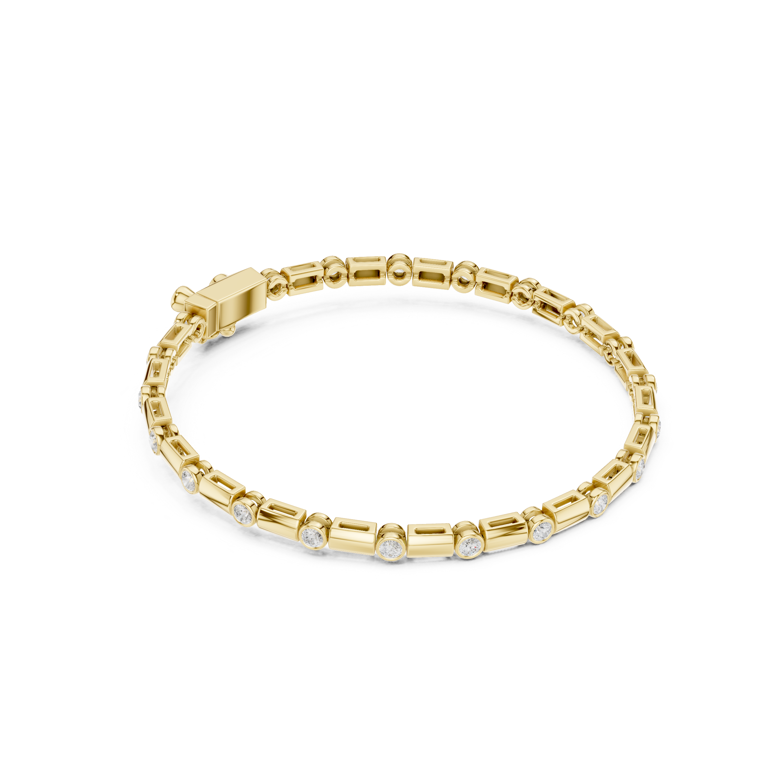 Yellow gold diamond link bracelet with round bezel-set stones and box clasp