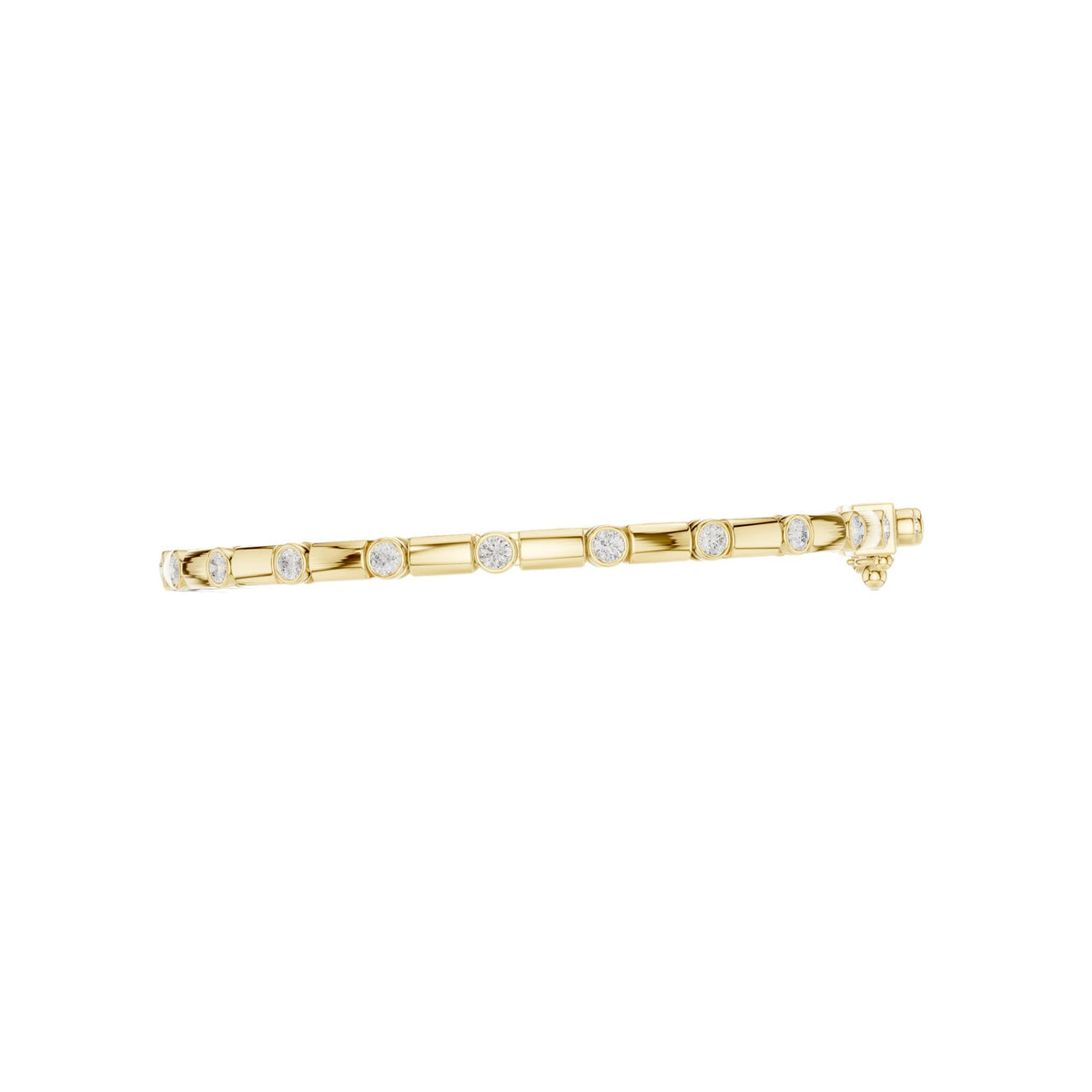 Yellow gold diamond link bracelet side view with round bezel-set stones and box clasp