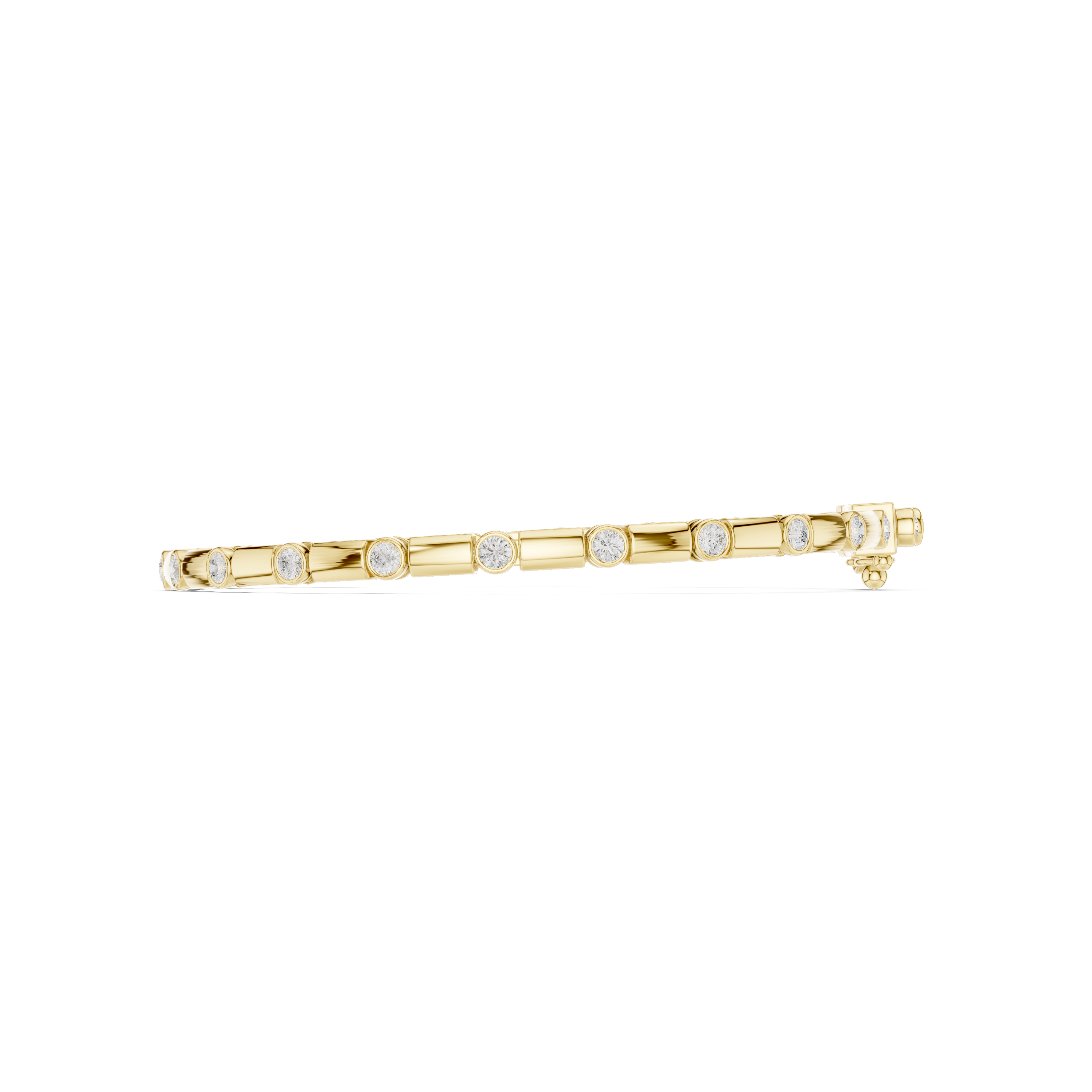 Yellow gold diamond link bracelet side view with round bezel-set stones and box clasp