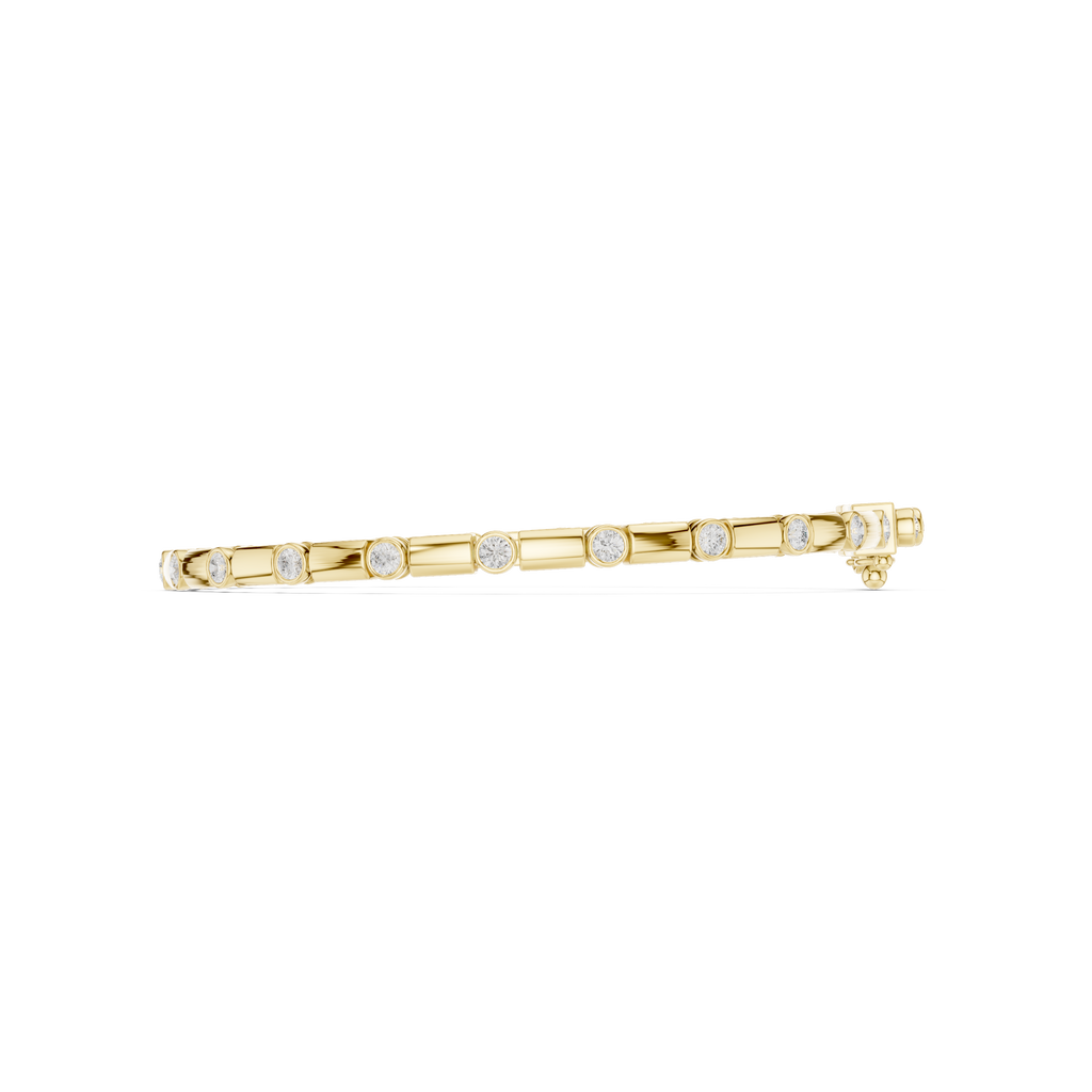 Yellow gold diamond link bracelet side view with round bezel-set stones and box clasp