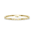 Yellow gold diamond link bracelet front view with center bar, round bezel-set stones