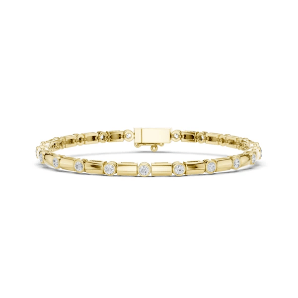 Yellow gold diamond link bracelet front view with center bar, round bezel-set stones
