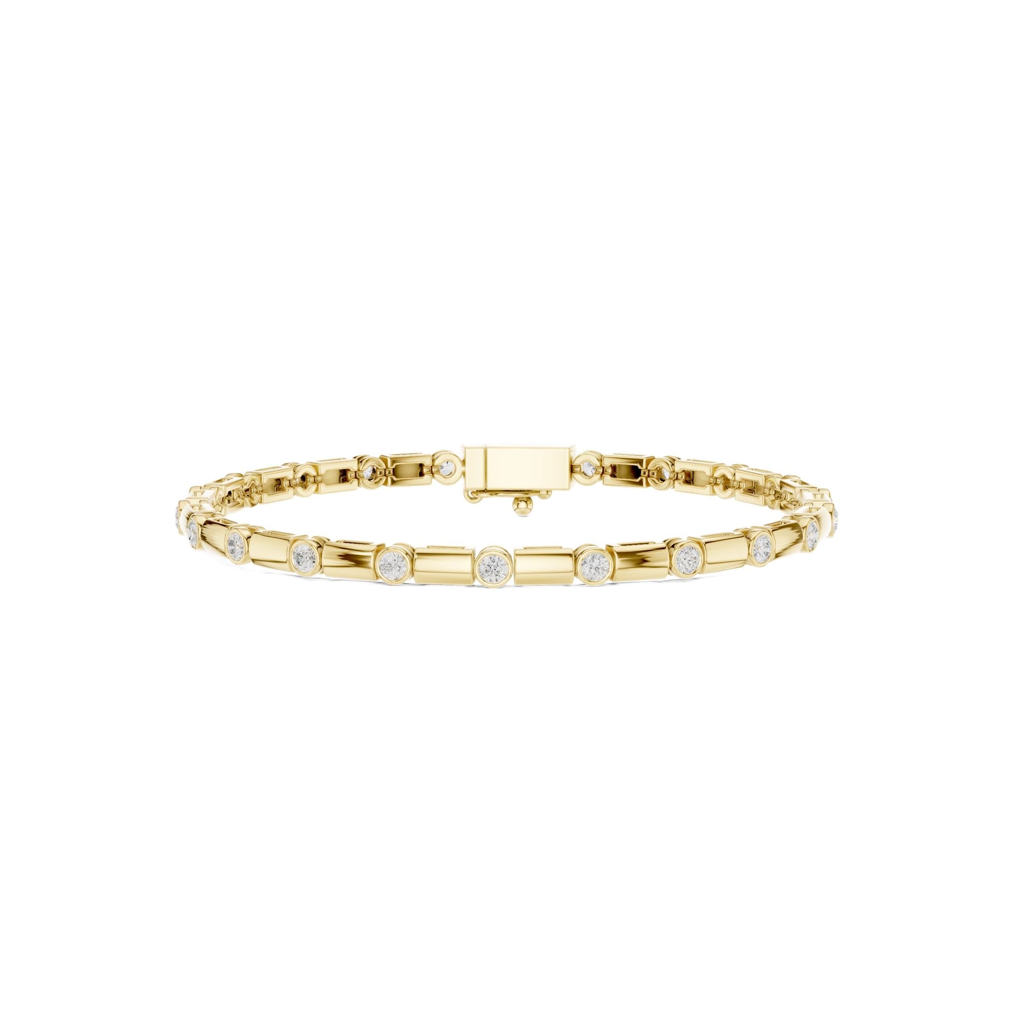 Yellow gold diamond link bracelet with center bar, round bezel-set stones, box clasp