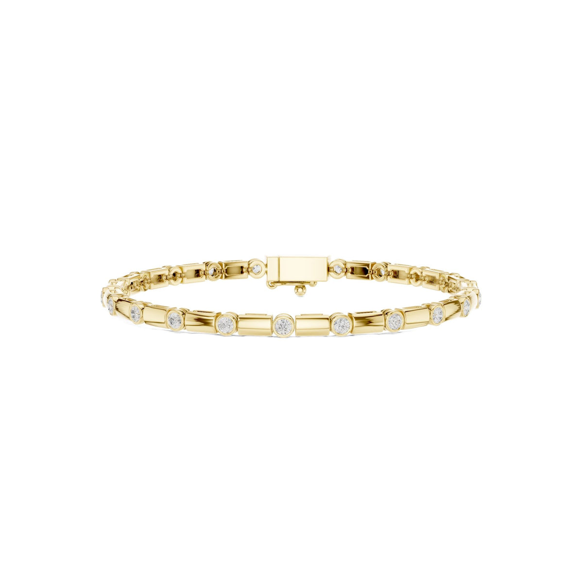 Yellow gold diamond link bracelet with center bar, round bezel-set stones, box clasp