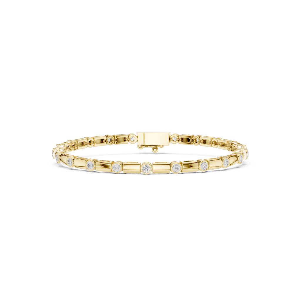 Yellow gold diamond link bracelet with center bar, round bezel-set stones, box clasp