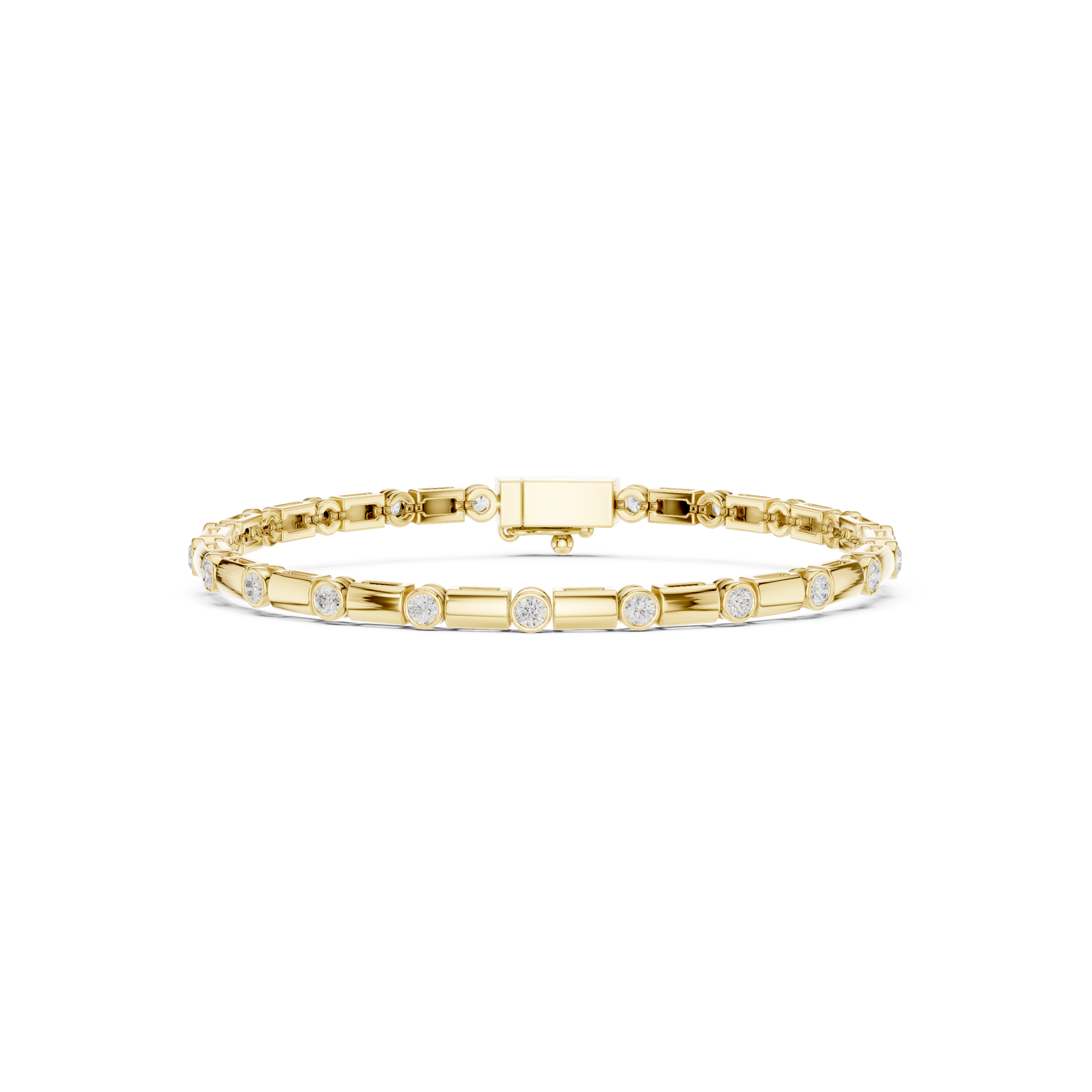 Yellow gold diamond link bracelet with center bar, round bezel-set stones, box clasp