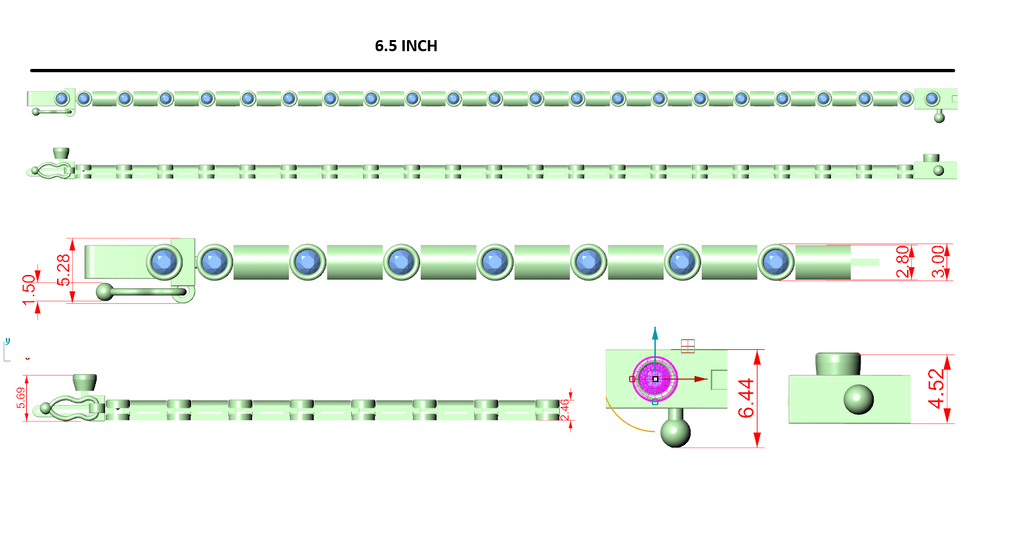 Diamond link bracelet design diagram with bezel-set round diamonds and 6.5-inch length