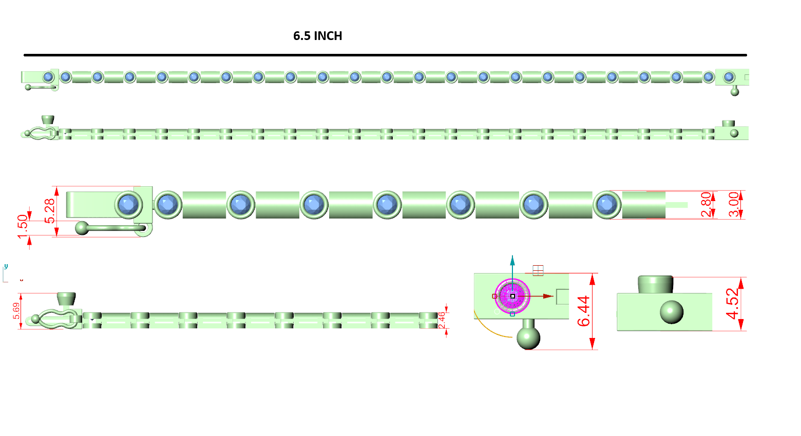 Diamond link bracelet design diagram with bezel-set round diamonds and 6.5-inch length