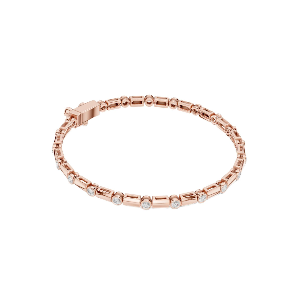 Rose gold diamond bezel link bracelet with round stones and a secure clasp