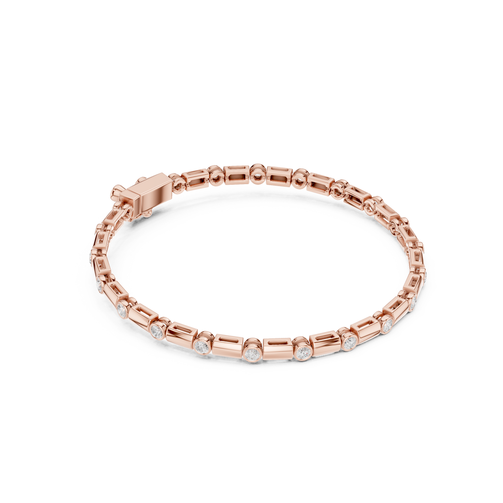 Rose gold diamond bezel link bracelet with round stones and a secure clasp