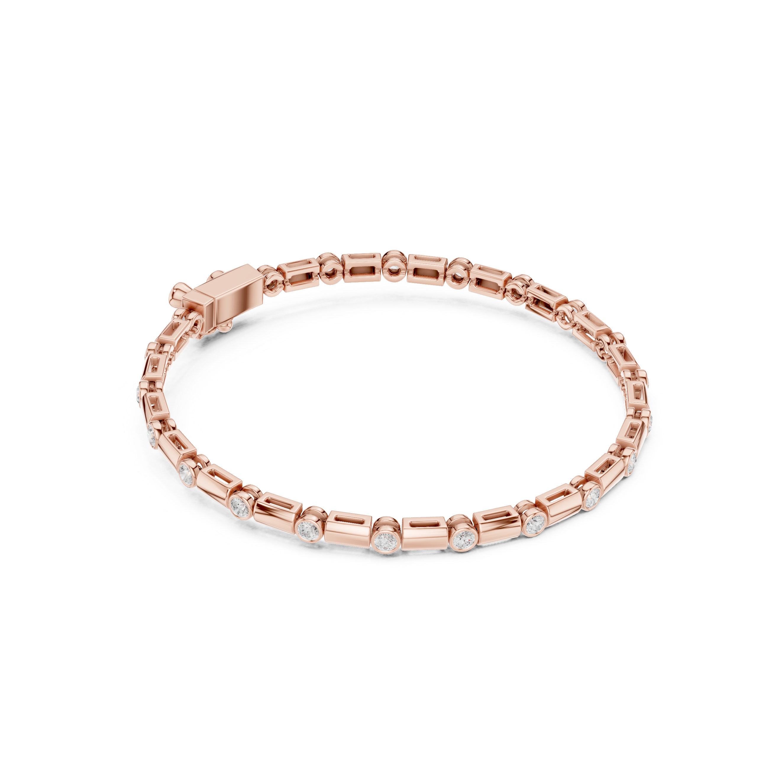 Rose gold diamond bezel link bracelet with round stones and a secure clasp