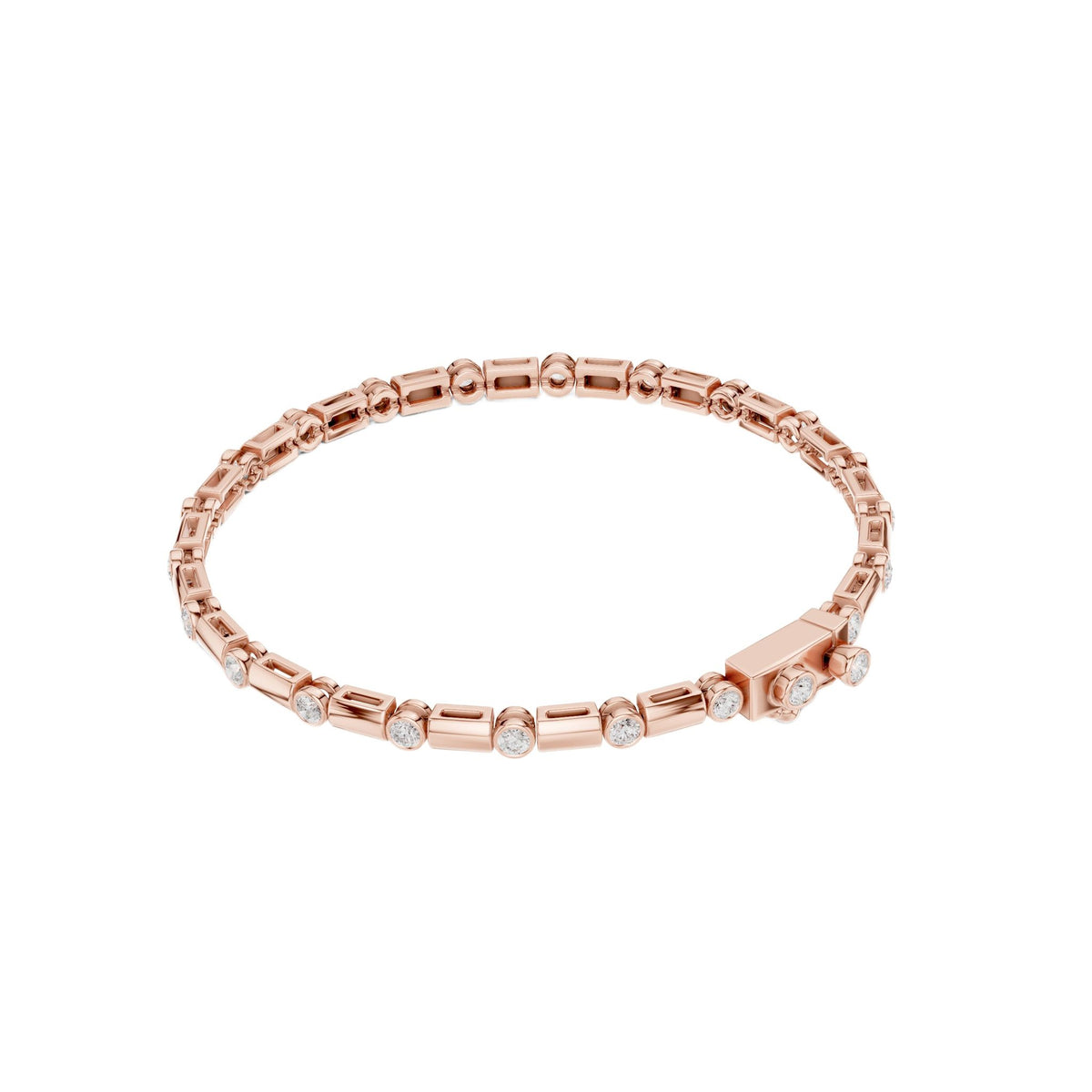Rose gold diamond bezel link bracelet with round stones in rectangular settings