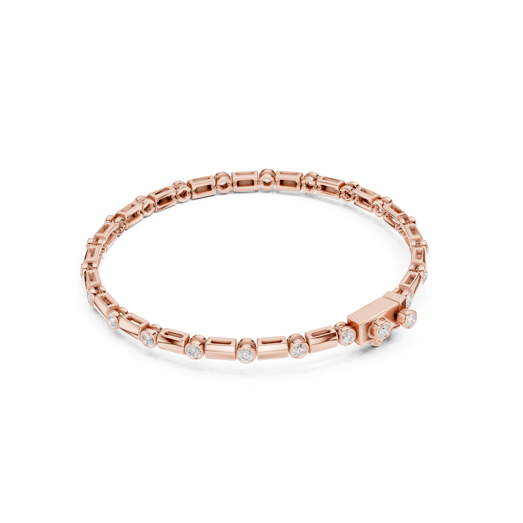 Rose gold diamond bezel link bracelet with round stones in rectangular settings